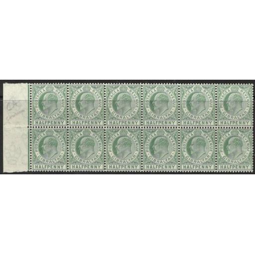 GIBRALTAR SG66 1907 ½d BLUE-GREEN MNH BLOCK OF 12