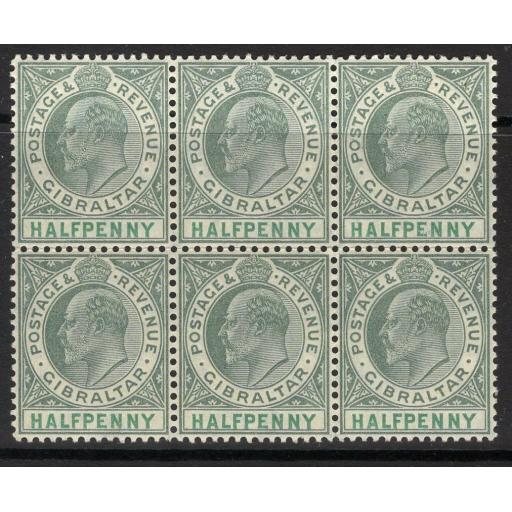 GIBRALTAR SG56 1904 ½d DULL & BRIGHT GREEN MNH BLOCK OF 6