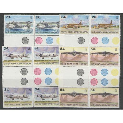 BRITISH INDIAN OCEAN TERR SG124/7 1992 VISITING AIRCRAFT GUTTER BLOCKS OF 4 MNH