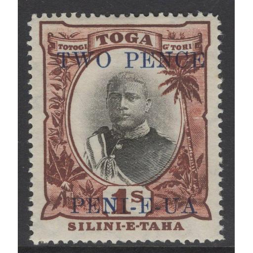 TONGA SG67 1923 2d on 1/= BLACK & RED-BROWN MTD MINT