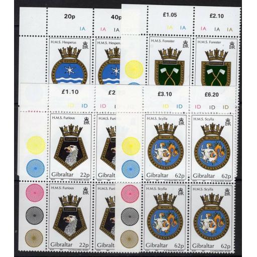 GIBRALTAR SG651/4 1991 NAVAL CRESTS MNH BLOCKS OF 4