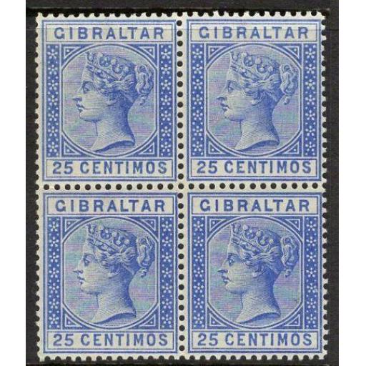 GIBRALTAR SG26a 1889 25c DEEP ULTRAMARINE MNH BLOCK OF 4(1 x LIGHTLY MOUNTED)