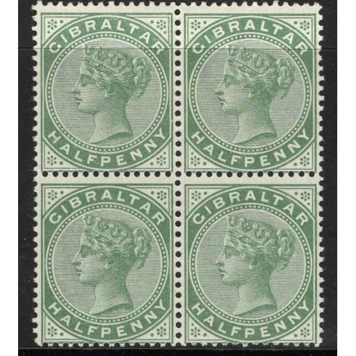 GIBRALTAR SG39 1898 ½d GREY-GREEN MTD MINT BLOCK OF 4(2xUM)