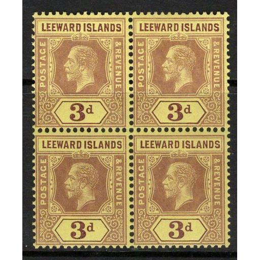 LEEWARD ISLANDS SG51c 1920 3d PURPLE/BUFF MTD MINT BLOCK OF 4 (2xMNH)