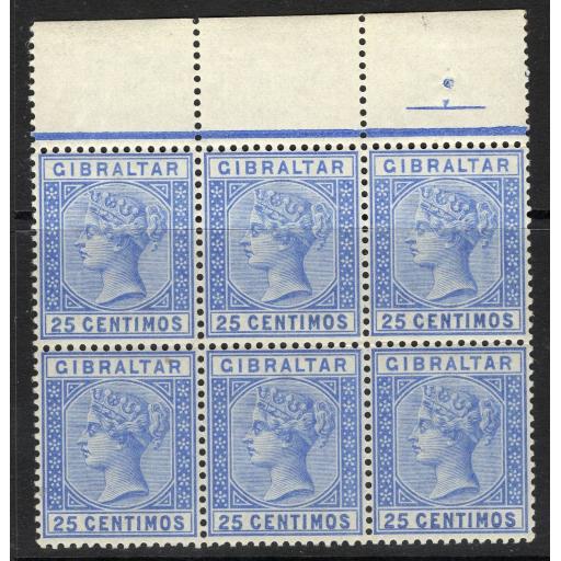 GIBRALTAR SG26 1889 25c ULTRAMARINE MNH BLOCK OF 6