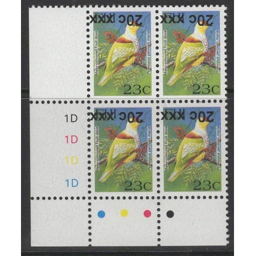 FIJI SGF1362a 2008 20c on 23c BIRDS TYPE IIIh SURCHARGE INVERTED MNH BLOCK OF 4