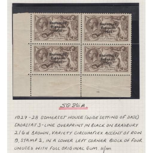 IRELAND SG86/a 1927 2/6 ONE WITH CIRCUMFLEX OVER "A" MNH IN BLOCK OF 4(MTD MARG)