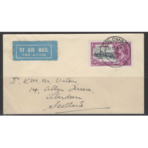 CEYLON SG382 1935 50c SILVER JUBILEE FINE USED ON COVER TO SCOTLAND