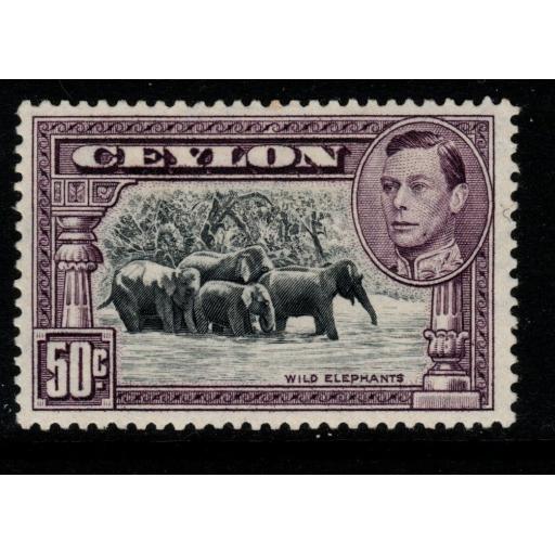 CEYLON SG394b 1938 50c BLACK & MAUVE p13½ MTD MINT