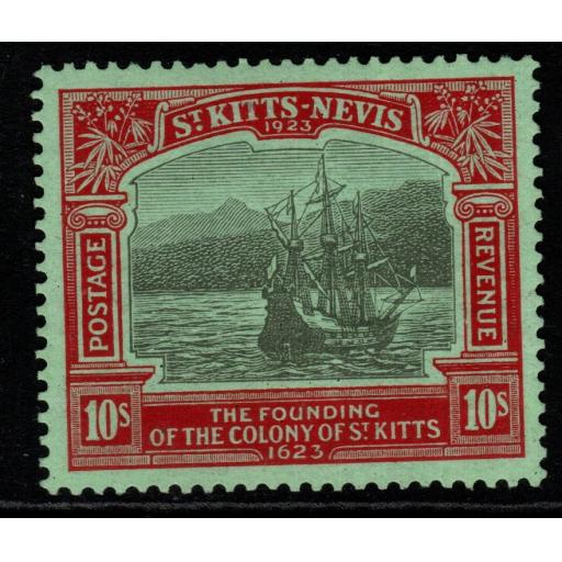 ST.KITTS-NEVIS SG58 1923 10/= TERCENTENARY BLACK & RED/EMERALD MTD MINT