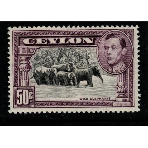 CEYLON SG394c 1942 50c BLACK & MAUVE p14(LINE) MTD MINT