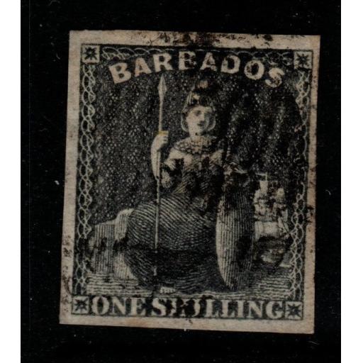 BARBADOS SG12a 1858 1/= BLACK(4 MARGINS) USED