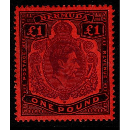 BERMUDA SG121e 1952 £1 BRIGHT VIOLET & BLACK/SCARLET p13 MTD MINT