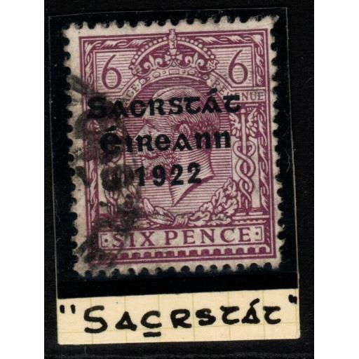 IRELAND SG60var HIB.T55c 1922 6d REDDISH PURPLE WITH OPEN C FOR O USED