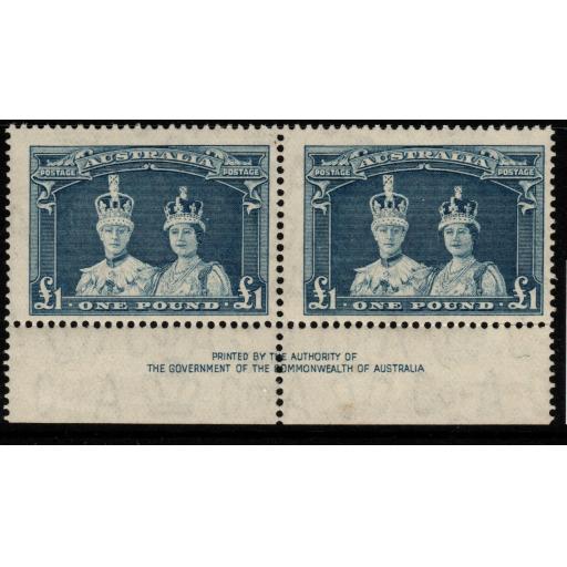 AUSTRALIA SG178a 1949 £1 BLUISH SLATE THIN ROUGH PAPER IMPRINT PAIR MNH