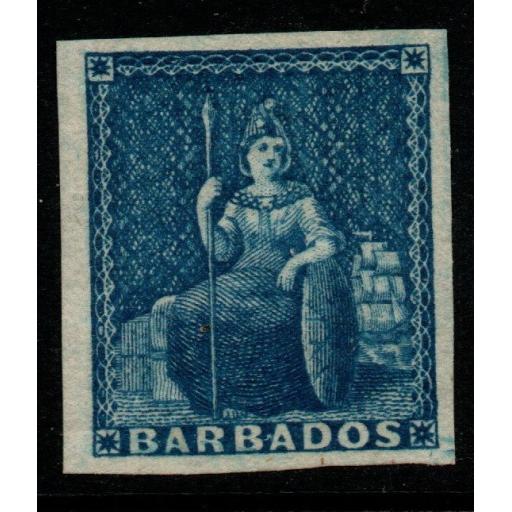 BARBADOS SG10 1855 (1d) DEEP BLUE WHITE PAPER 4 MARGINS MTD MINT
