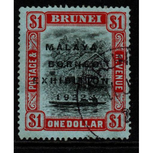 BRUNEI SG59b 1922 $1 BLACK & RED/BLUE WITH BROKEN "E" FINE USED
