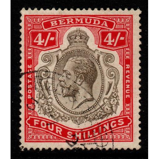BERMUDA SG52bb 1920 4/= BLACK & CARMINE BROKEN CROWN & SCROLL FINE USED