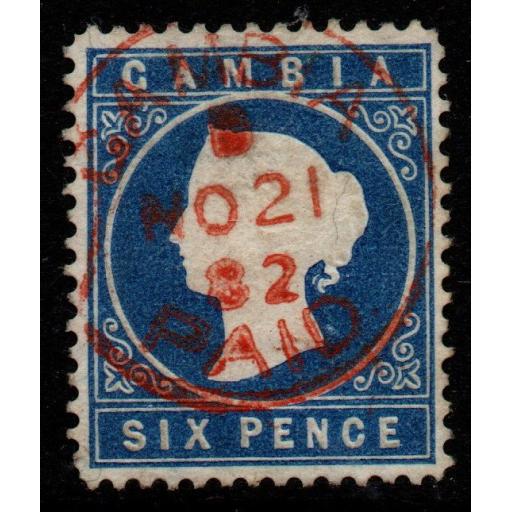 GAMBIA SG17A 1880 6d DEEP BLUE WMK SIDEWAYS FINE USED