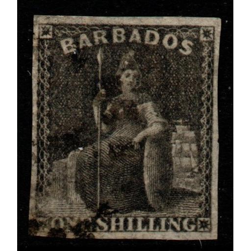 BARBADOS SG12a 1858 1/= BLACK(4 MARGINS) USED