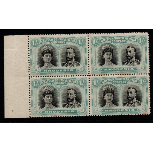 RHODESIA SG152 1910-3 1/= BLACK & PALE BLUE-GREEN MID GASH PLATE BLOCK OF 4 MNH