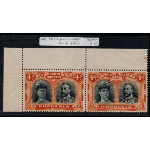 RHODESIA SG174 1910-3 4d BLACK & ORANGE p15 SHORT GASH IN EAR(R1/2) PAIR MNH