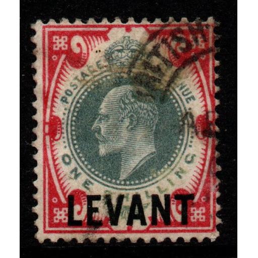 BRITISH LEVANT SGL10 1905 1/= DULL GREEN & CARMINE FINE USED